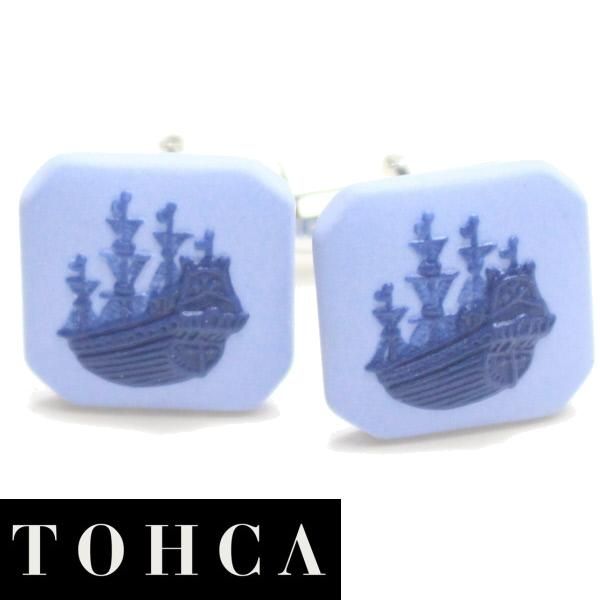 取寄品【陶華・TOHCA】ブルー・帆船カメオ・シルバー・スクウェアのカフス(カフリンクス/カフスボタン)