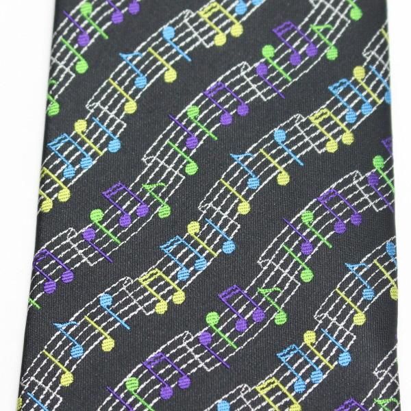 黒・音楽好きさんに音符だらけのカラフルな刺繍柄面白ネクタイ