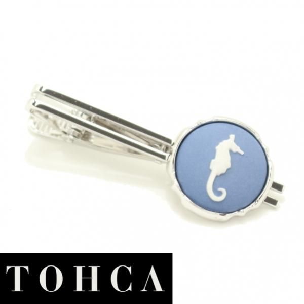 【陶華・TOHCA】シルバー・ラウンド・タツノオトシゴカメオ・ブルー×ホワイトのタイピン(ネクタイピン)