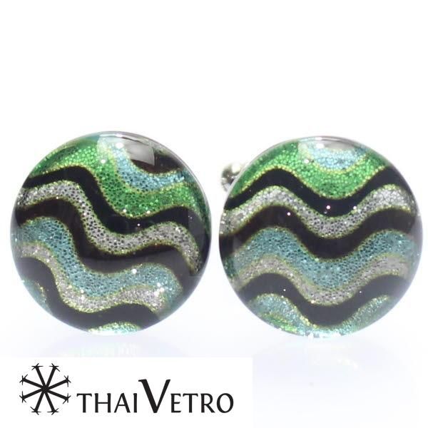 【ThaiVetro】グリーン×ライトブルー・リップルデザインのガラス製カフス(カフスボタン/カフリンクス)
