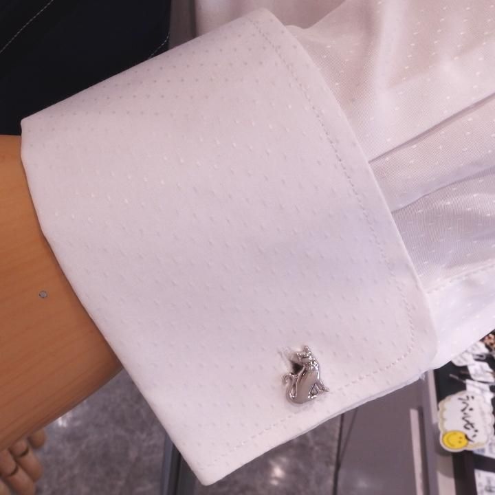 首元のストーンがキラリ おすわり 猫 カフス タイピン セット