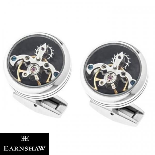 ブラック&シルバー 時計 EARNSHAW ムーブメント 時計パーツ ラウンド カフス カフリンクス カフスボタン ES-001-C1