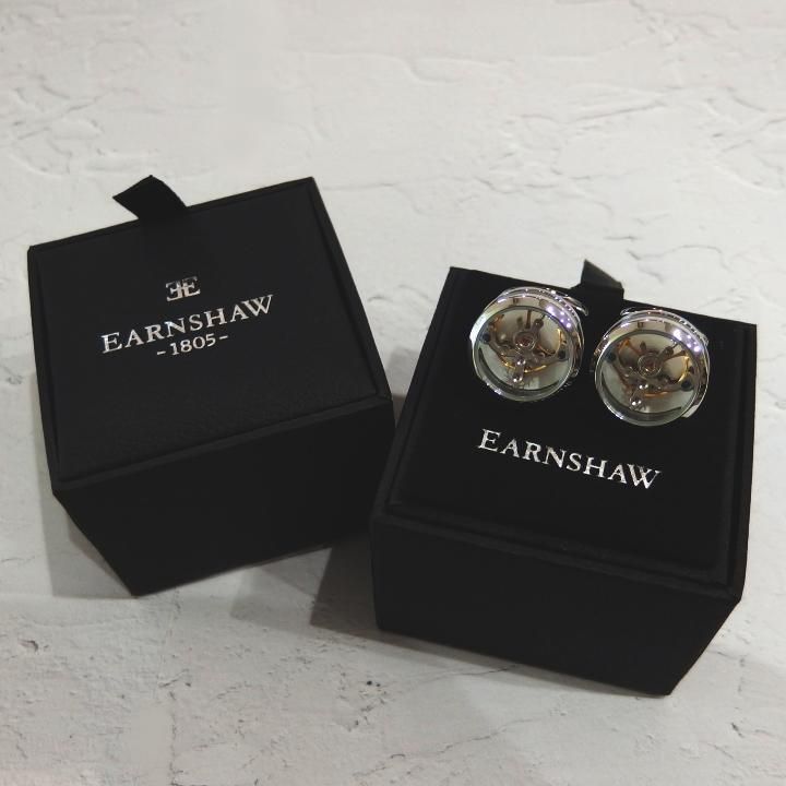 ホワイト&シルバー 時計 EARNSHAW ムーブメント 時計パーツ ラウンド カフス カフリンクス カフスボタン ES-005-C1