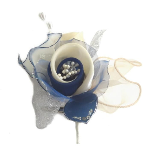 2トーン ブルー メンズコサージュパールも揺れるロールフラワー 表彰式や主役の日に コサージュ メンズ