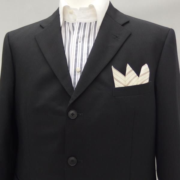 高級オーダーシャツ生地ポケットチーフ・ベージュ×ブラウン・トリプルストライプ柄ポケットスクウェア