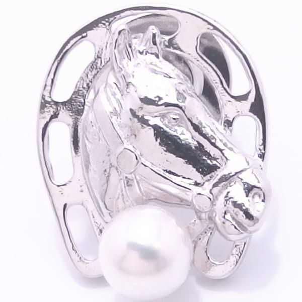 ラペルピン・馬蹄と馬の横顔・アコヤ真珠パール6.0mmのブローチ(タイタック)