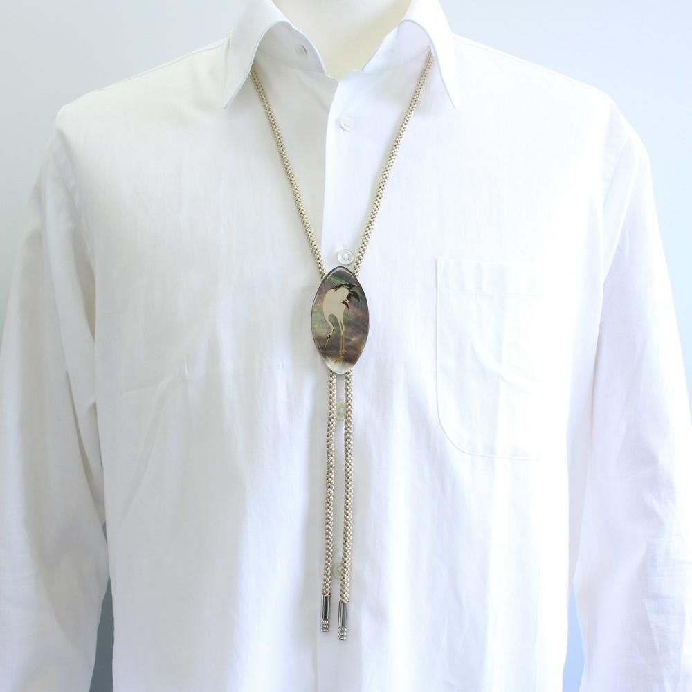 【受注生産品】若冲鶴・黒蝶貝のループタイ(ポーラー・タイ)