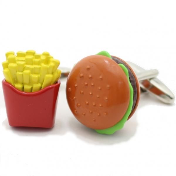 食べ過ぎ注意フライドポテトとハンバーガーのカフス(カフリンクス/カフスボタン)