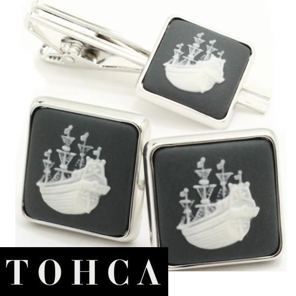 取寄品【陶華・TOHCA】シルバー・スクウェア帆船カメオ・グレーのカフスセット(タイピンセット)