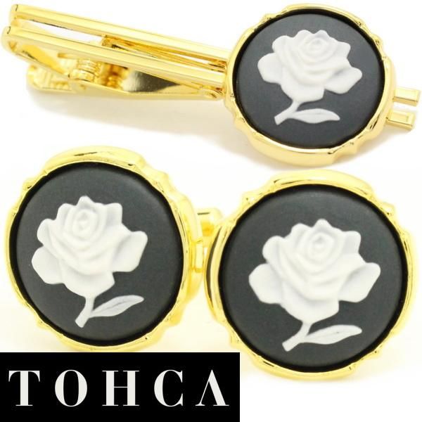 取寄品【陶華・TOHCA】ゴールド・ラウンド薔薇ローズカメオ・グレーのカフスセット(タイピンセット)