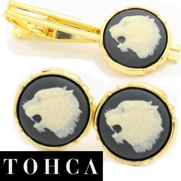 【陶華・TOHCA】ゴールド・ラウンド吠える虎カメオ・グレーのカフスセット(タイピンセット)