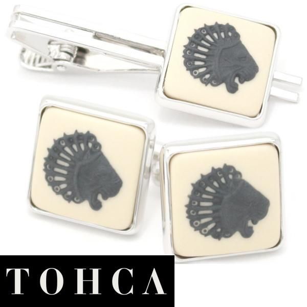 【陶華・TOHCA】シルバー・スクウェア・ライオンカメオ・ベージュのカフスセット(タイピンセット)