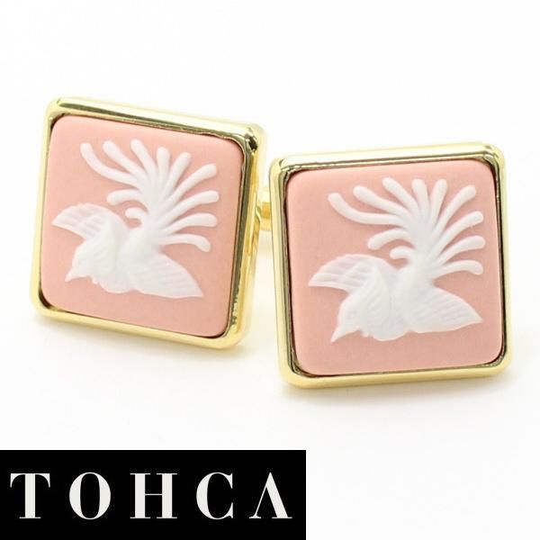 取寄品【陶華・TOHCA】ゴールド・スクウェア・鳳凰カメオ・ピンクのカフス(カフリンクス/カフスボタン)