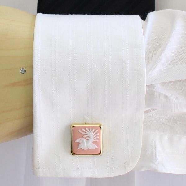 取寄品【陶華・TOHCA】ゴールド・スクウェア・鳳凰カメオ・ピンクのカフス(カフリンクス/カフスボタン)