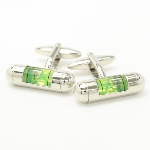 全3色機能付き・気泡がユラユラ水平器のカフス・タイピンセット(シルバー×イエロー)