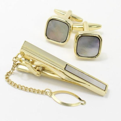 全3種×2色・天然石×貝のスクウェア・カフスセット(タイピンセット)