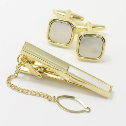 全3種×2色・天然石×貝のスクウェア・カフスセット(タイピンセット)