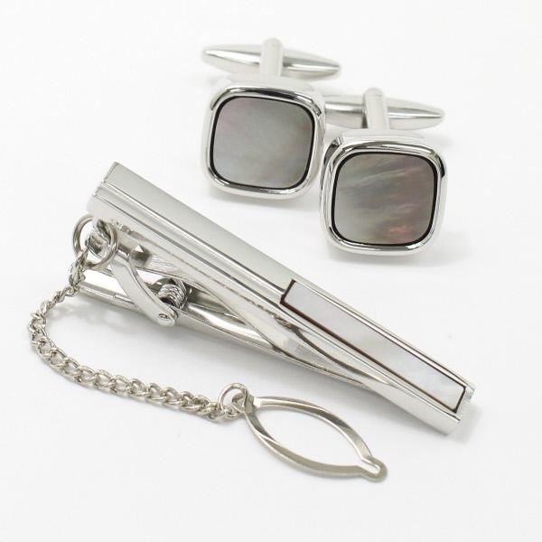 全3種×2色・天然石×貝のスクウェア・カフスセット(タイピンセット)