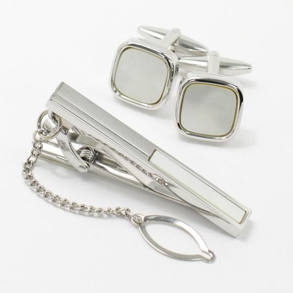 全3種×2色・天然石×貝のスクウェア・カフスセット(タイピンセット)