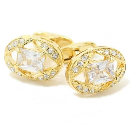 オーバル・ゴールドとクリアストーンが華麗なカフス(カフリンクス/カフスボタン)