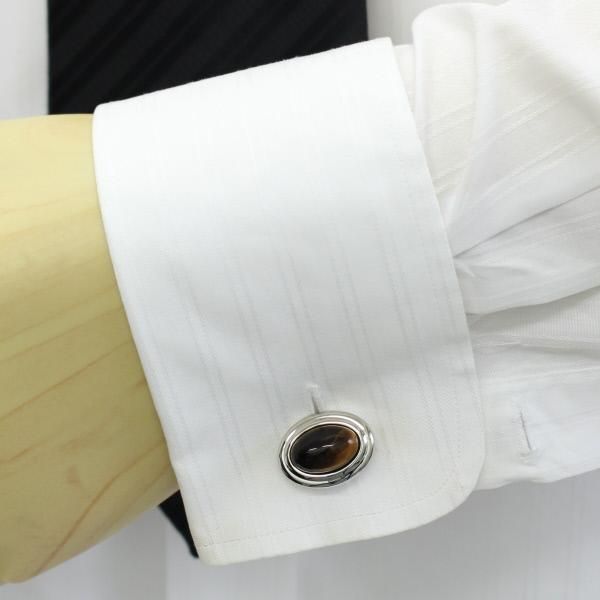 ブラウンキャッツアイ・立体オーバルのカフス(カフリンクス/カフスボタン)