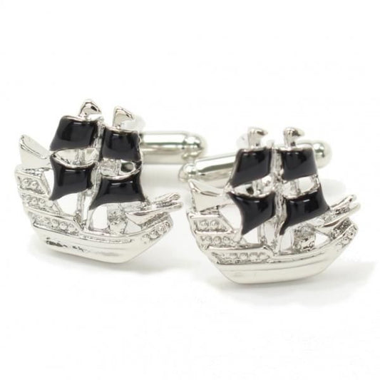 ブラックの旗が揺らめく帆船のカフス(カフリンクス/カフスボタン)