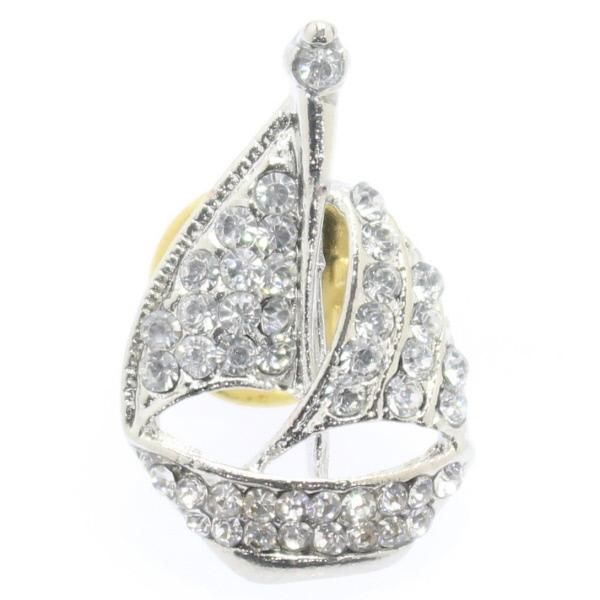 シルバー・ヨット・ラインストーンのラペルピン・ブローチ