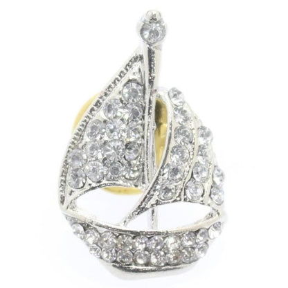 シルバー・ヨット・ラインストーンのラペルピン・ブローチ