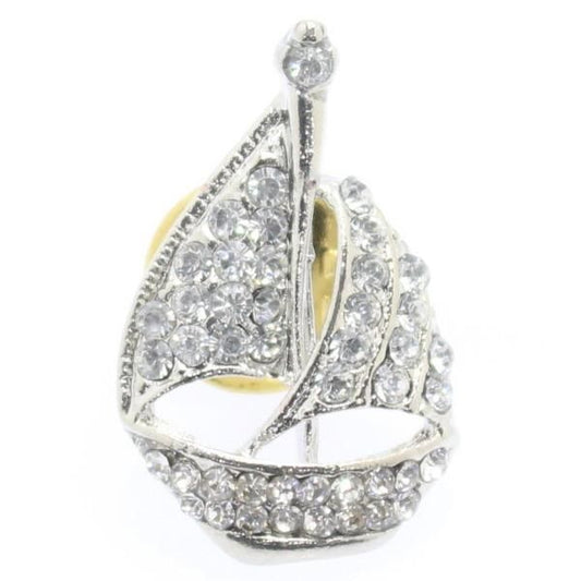 シルバー・ヨット・ラインストーンのラペルピン・ブローチ