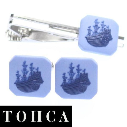 取寄品【陶華・TOHCA】ブルー・帆船カメオ・シルバー・スクウェアのカフスセット(タイピンセット)