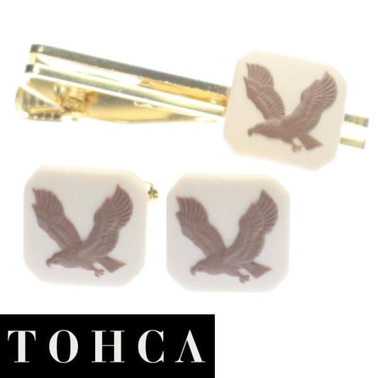 取寄品 【陶華・TOHCA】ベージュ・鷲イーグルカメオ・ゴールド・スクウェアのカフスセット(タイピンセット)