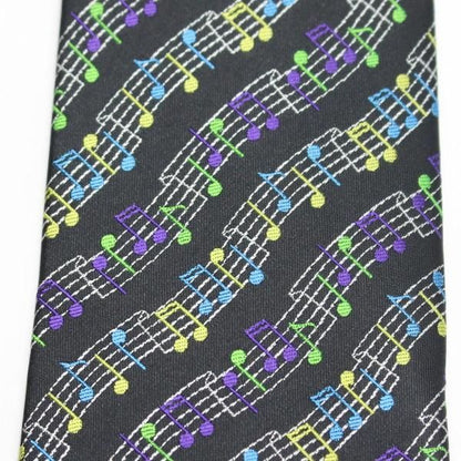 黒・音楽好きさんに音符だらけのカラフルな刺繍柄面白ネクタイ