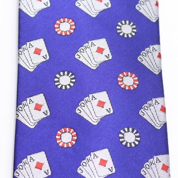 青・気分はカジノディーラー!ポーカー・トランプ&チップの刺繍柄面白ネクタイ