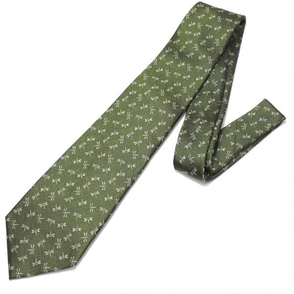 【富士桜工房】苔色・蜻蛉とんぼ・日本製シルクジャカードの和風ネクタイ