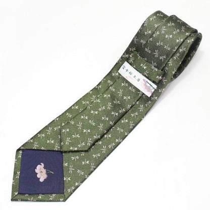 【富士桜工房】苔色・蜻蛉とんぼ・日本製シルクジャカードの和風ネクタイ