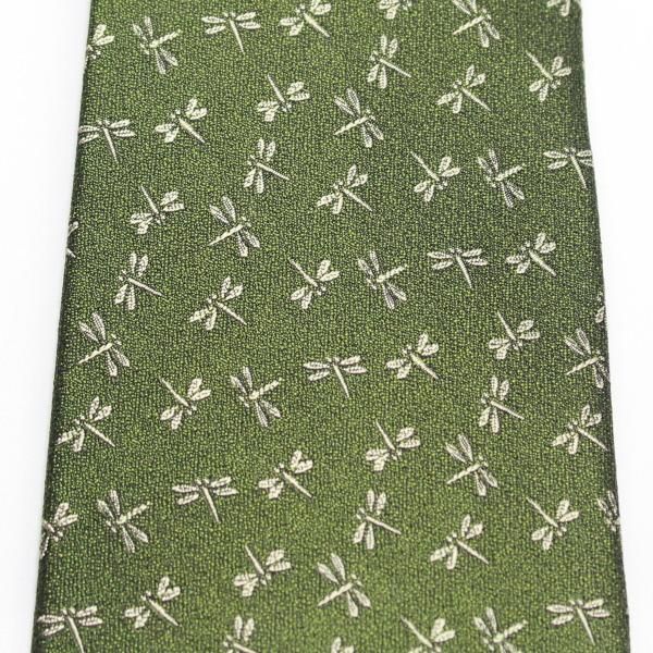 【富士桜工房】苔色・蜻蛉とんぼ・日本製シルクジャカードの和風ネクタイ