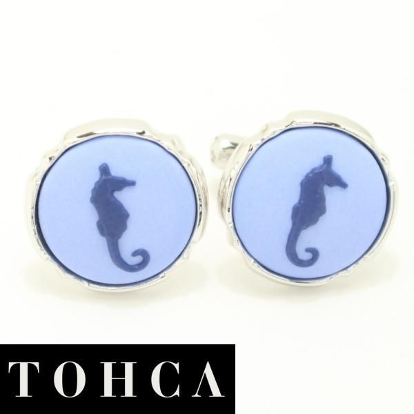 【陶華・TOHCA】シルバー・ラウンド・タツノオトシゴカメオ・ブルーのカフス(カフリンクス/カフスボタン)