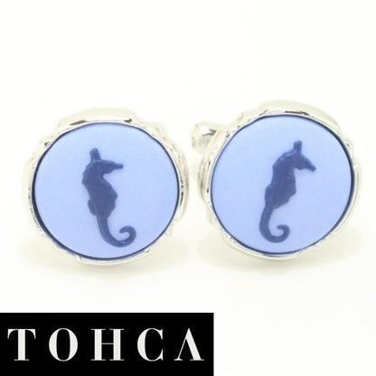 【陶華・TOHCA】シルバー・ラウンド・タツノオトシゴカメオ・ブルーのカフス(カフリンクス/カフスボタン)
