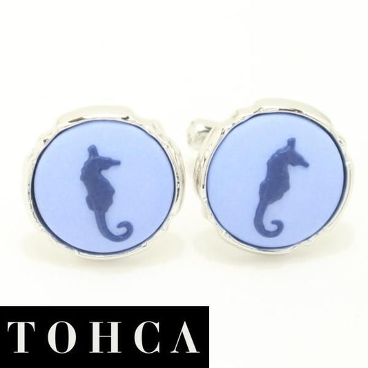 【陶華・TOHCA】シルバー・ラウンド・タツノオトシゴカメオ・ブルーのカフス(カフリンクス/カフスボタン)