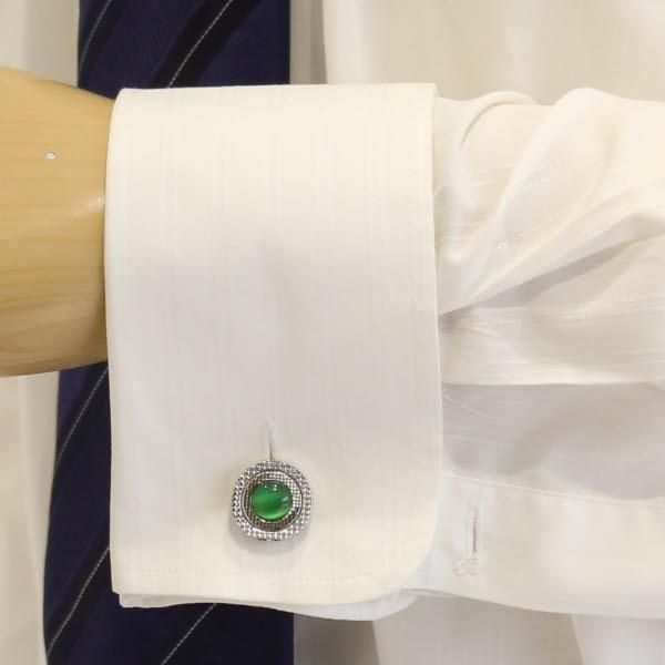 ラウンド・シルバー･グリーン緑・キャッツアイのカフス(カフリンクス/カフスボタン)