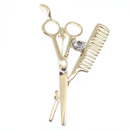 ゴールド・華麗にちょっきんハサミとくしのラペルブローチ・ラペルピン