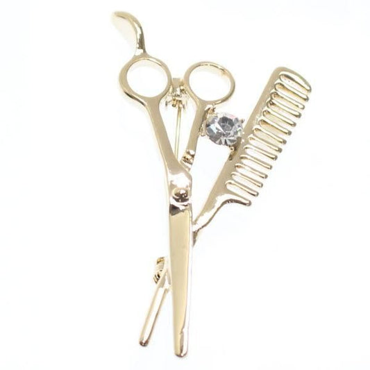 ゴールド・華麗にちょっきんハサミとくしのラペルブローチ・ラペルピン