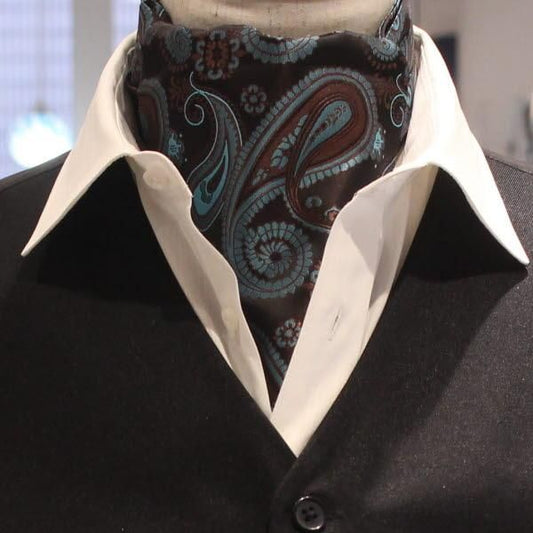 ブラウン×ブルーグリーン・ビッグペイズリー・ジャカード・アスコットタイ