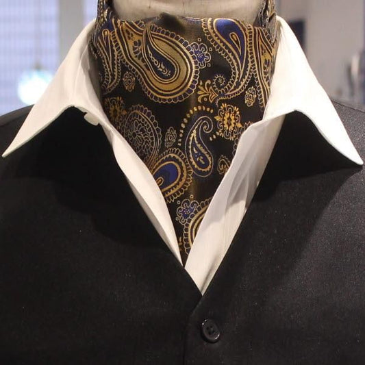 ゴールド×ブルービッグペイズリー・ジャカード・アスコットタイ