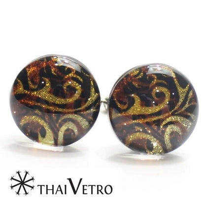 【ThaiVetro】べっ甲カラー・ウェーブデザインのガラス製カフス(カフスボタン/カフリンクス)