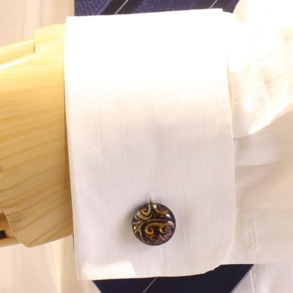 【ThaiVetro】べっ甲カラー・ウェーブデザインのガラス製カフス(カフスボタン/カフリンクス)