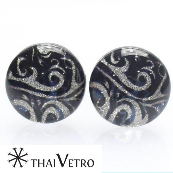 【ThaiVetro】モノトーン×ブルー・ウェーブデザインのガラス製カフス(カフスボタン/カフリンクス)