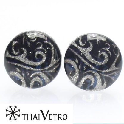 【ThaiVetro】モノトーン×ブルー・ウェーブデザインのガラス製カフス(カフスボタン/カフリンクス)