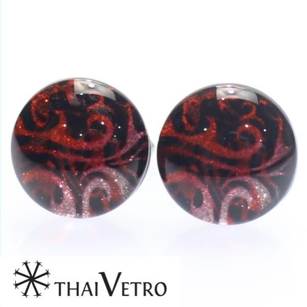 【ThaiVetro】レッドグラデーション・ウェーブデザインのガラス製カフス(カフスボタン/カフリンクス)