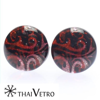【ThaiVetro】レッドグラデーション・ウェーブデザインのガラス製カフス(カフスボタン/カフリンクス)